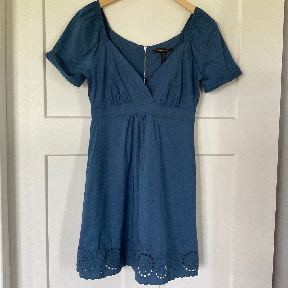 BCBGMaxAzria Teal Blue Mini Dress with Eyelet Hem